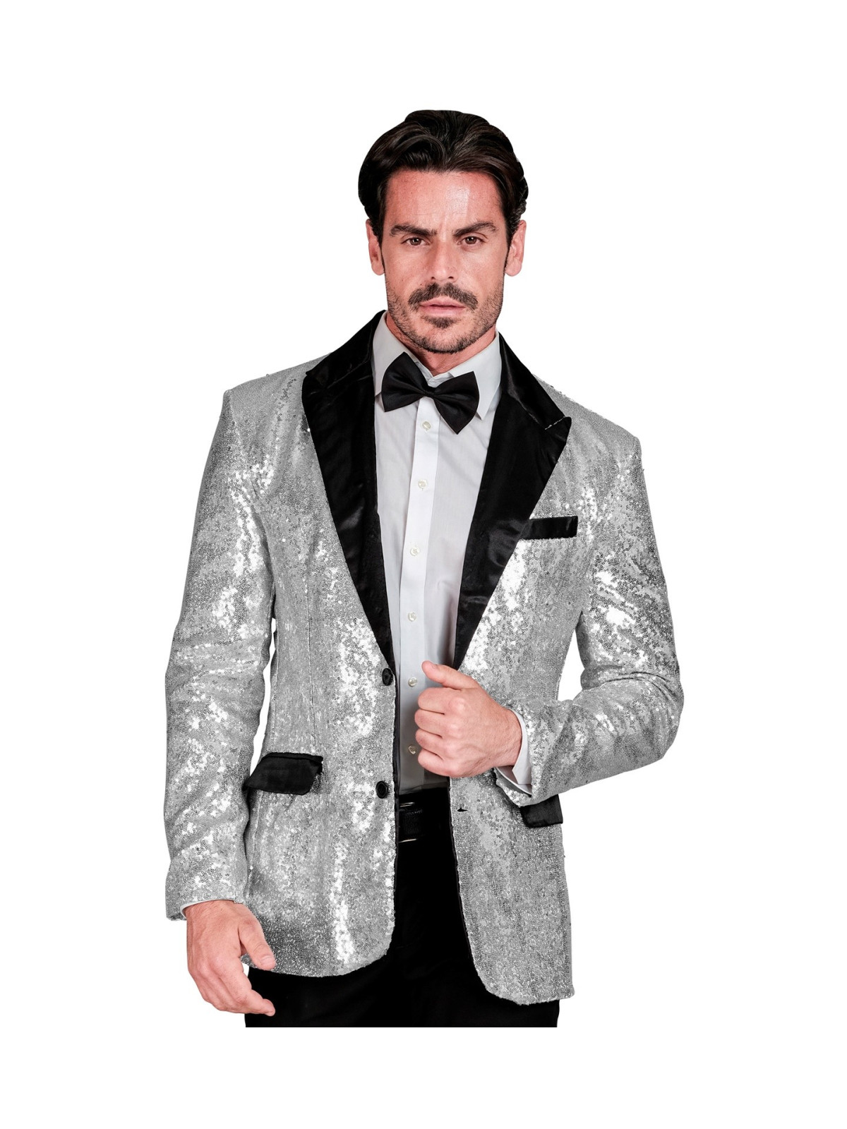 Hõbedane peenelitriline mustade revääridega pintsak