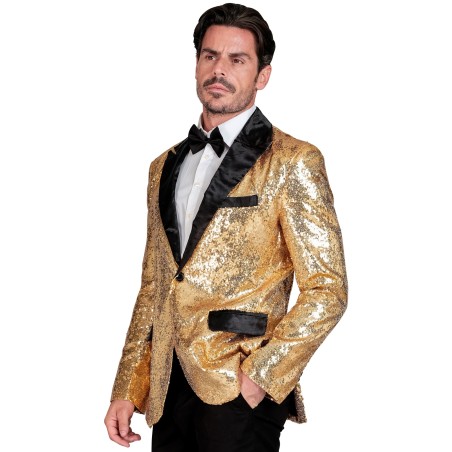 Kuldne peenelitriline mustade revääridega pintsak