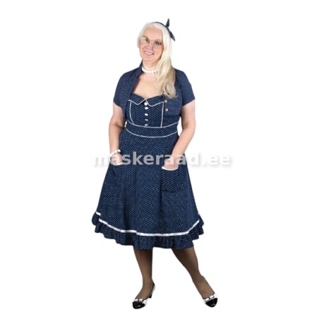 Viiekümnendate tumesinine peenetäpuline kleit jakikesega