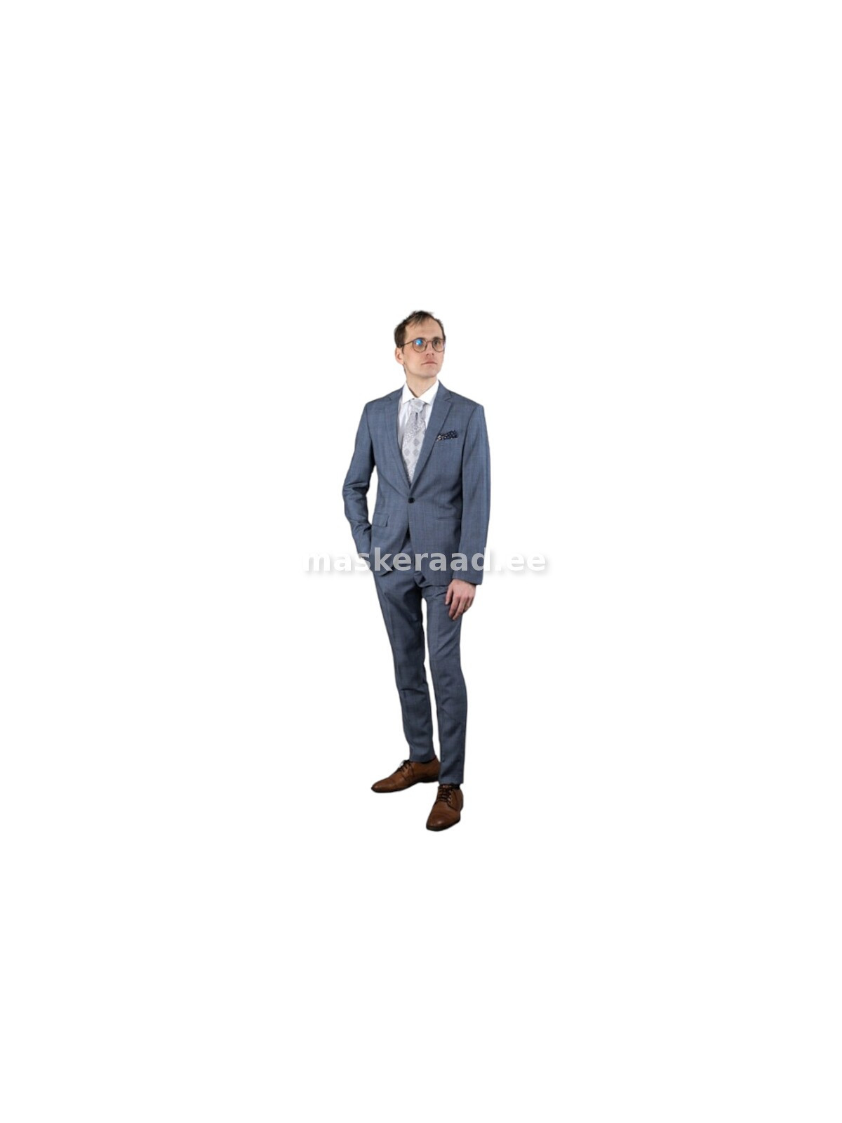 Meeste ülikond peeneruuduline hele sinakashall S/XS