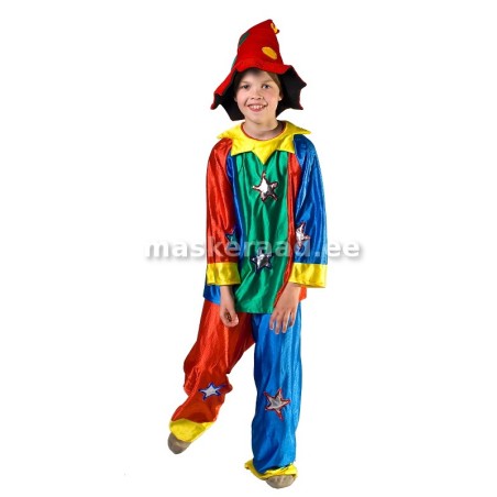 Kloun tähekestega kostüümis