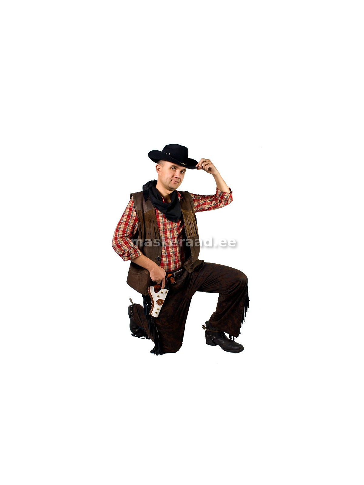 Kauboi pruunide narmastega vesti ja pükstega