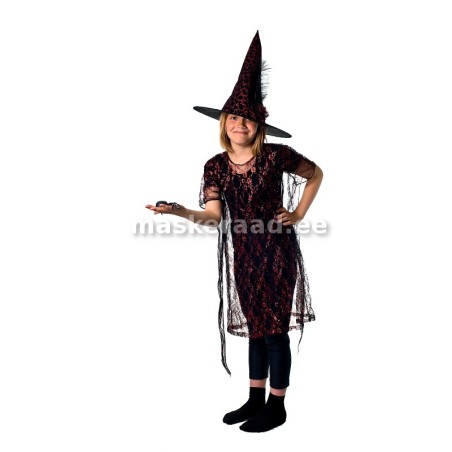 Halloween nõiapreili mustas helkivas pitsrüüs