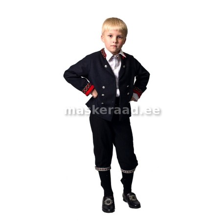 Rahvuslik rõivas musta jaki ja põlvpükstega,  Hannes