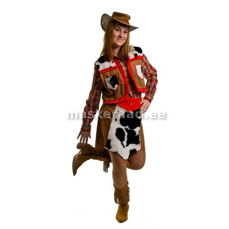 Kauboitüdruk punaste narmastega kostüümis