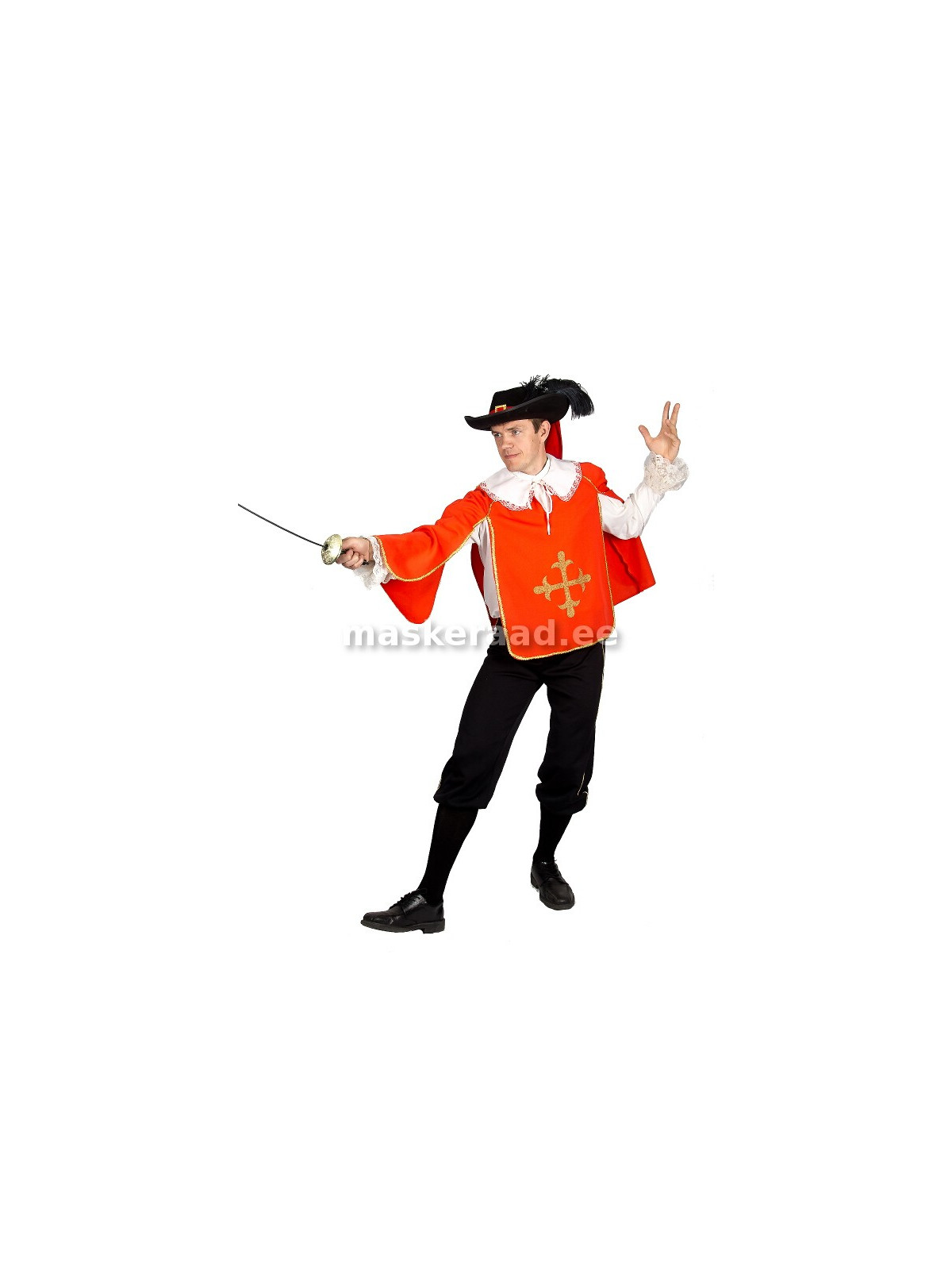 A musketeer with a red Cape, a large