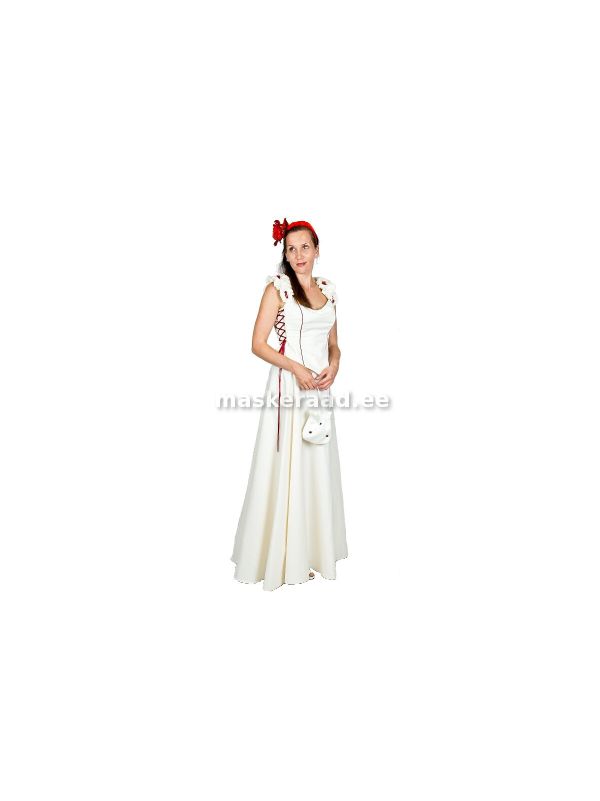 Pidulik valge, punaste roosidega kostüüm