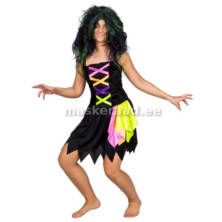 Nõid lühikeses kleidis neoonvärvides kaunistustega