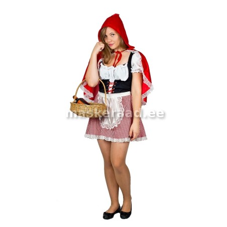 Punamütsike ruudulise seeliku ja musta pihikuga kleidis