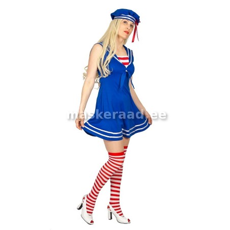 Madruseneiu sinises, punaste ja valgete triipudega kleidis