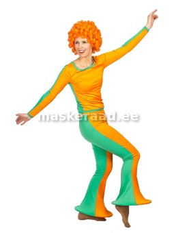 A clown with orange and green