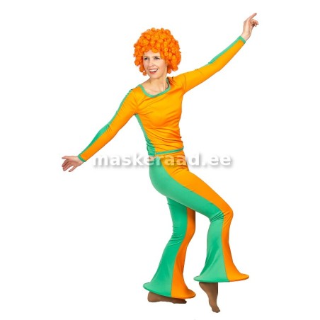 A clown with orange and green