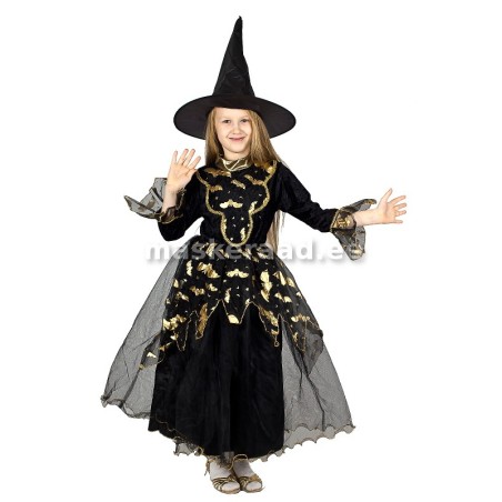 Halloween, võlurprintsess mustas kuldsete nahkhiirtega kleidis