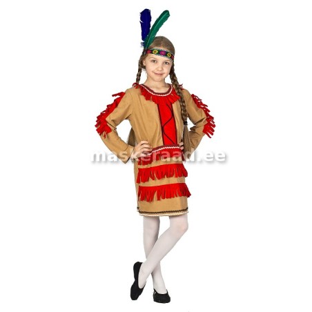 American Indian girl in red-fringed dress