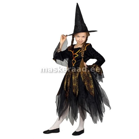 Halloween, võlurprintsess mustas kuldse ämblikuvõrguga kleidis