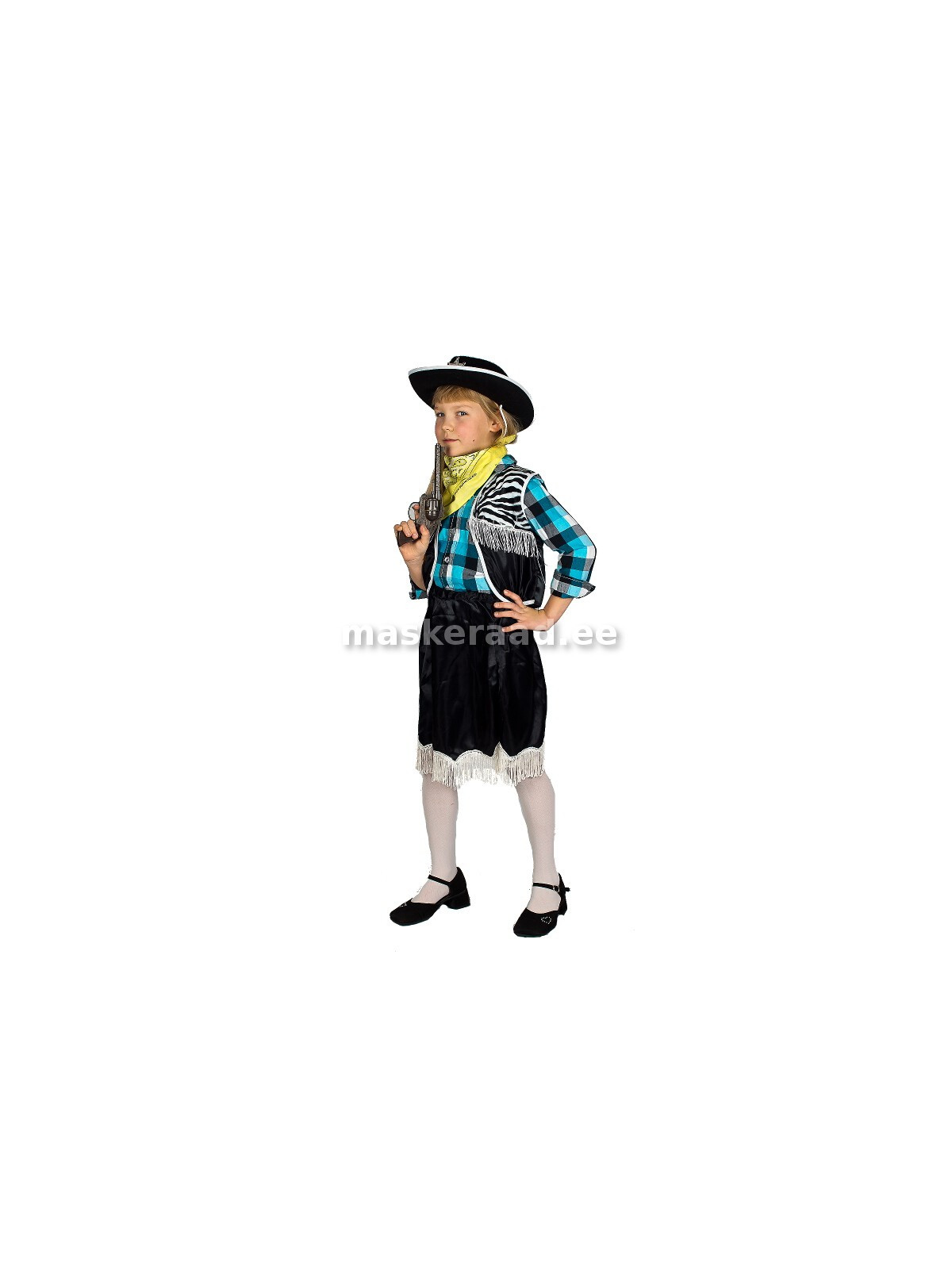 A Cowgirl in a black fringed skirt