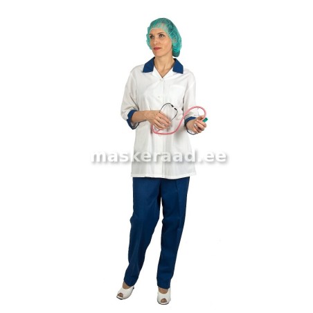 A medical professional, a dentist with the blue pants