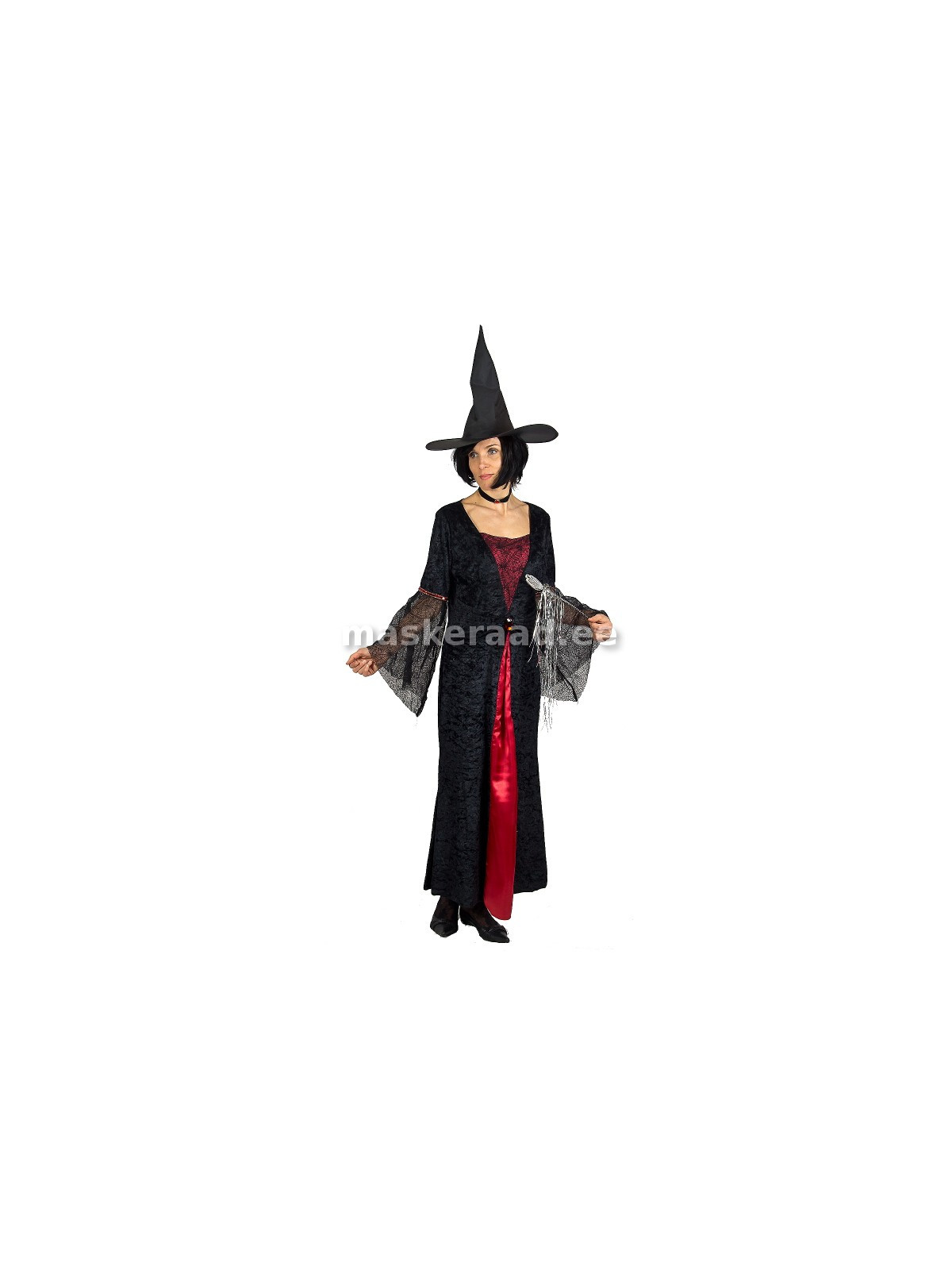 Halloween, nõid must-punases sametkleidis