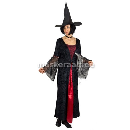 Halloween, nõid must-punases sametkleidis