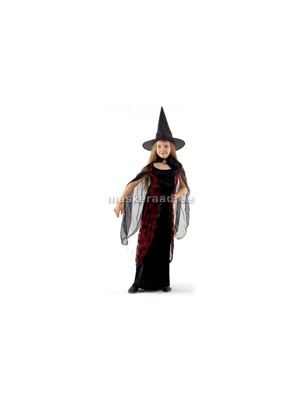Halloweeni must, punase ämblikuvõrgu ja läbipaistvate varrukatega nõiakleit