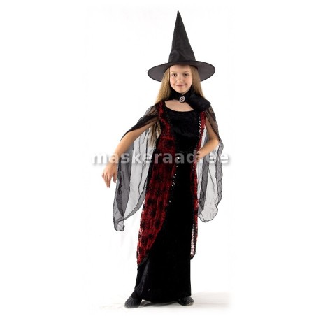 Halloweeni must, punase ämblikuvõrgu ja läbipaistvate varrukatega nõiakleit