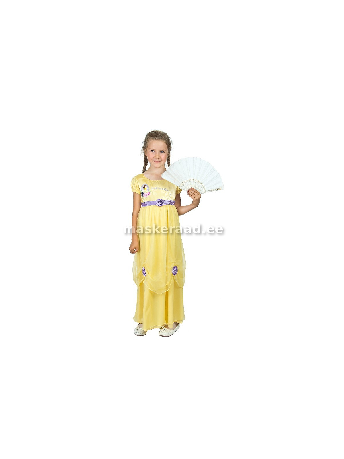 Printsess kaunitar helekollases lilla roosiga siidkleidis