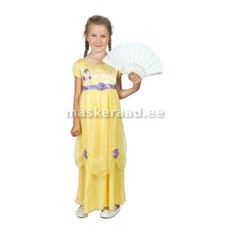 Printsess kaunitar helekollases lilla roosiga siidkleidis