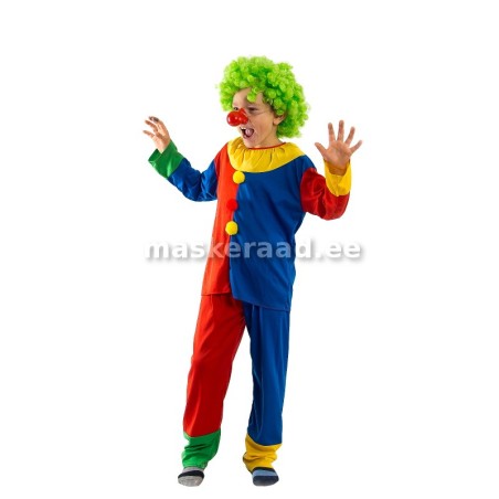 Kloun puna-sinises kostüümis kollaste nööbipallidega
