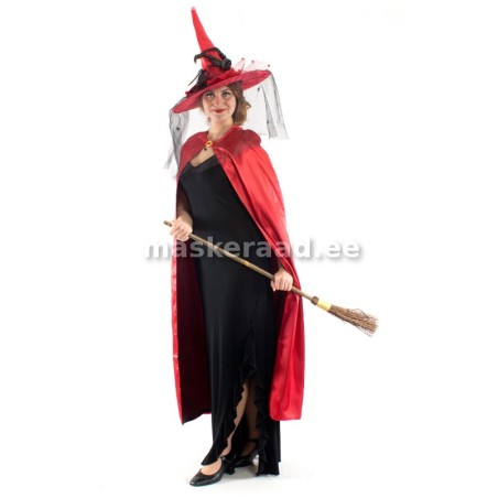 Halloween, nõid uhke punasest atlasest mütsi ja keebiga