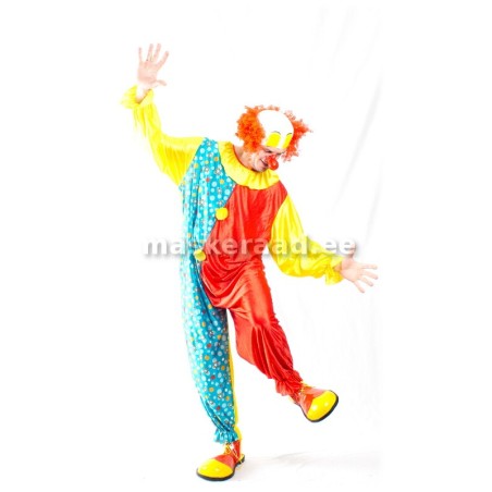 Kloun punase, kollase sinisekirjus kostüümis