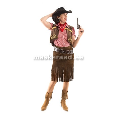 Kauboitüdruk narmalise seelikuga ja tikitud vestiga