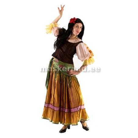 Mustlane kuldkollase plisseeritud seelikuga