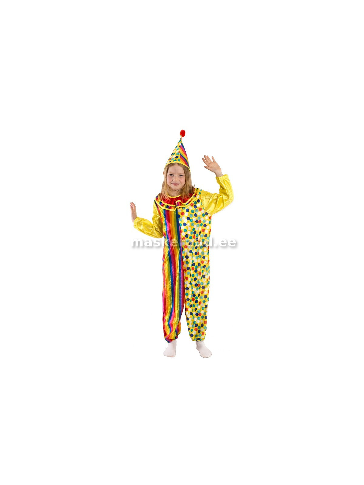 Kloun kollases triibulises ja täpilises kostüümis