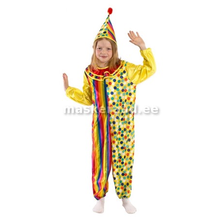 Kloun kollases triibulises ja täpilises kostüümis