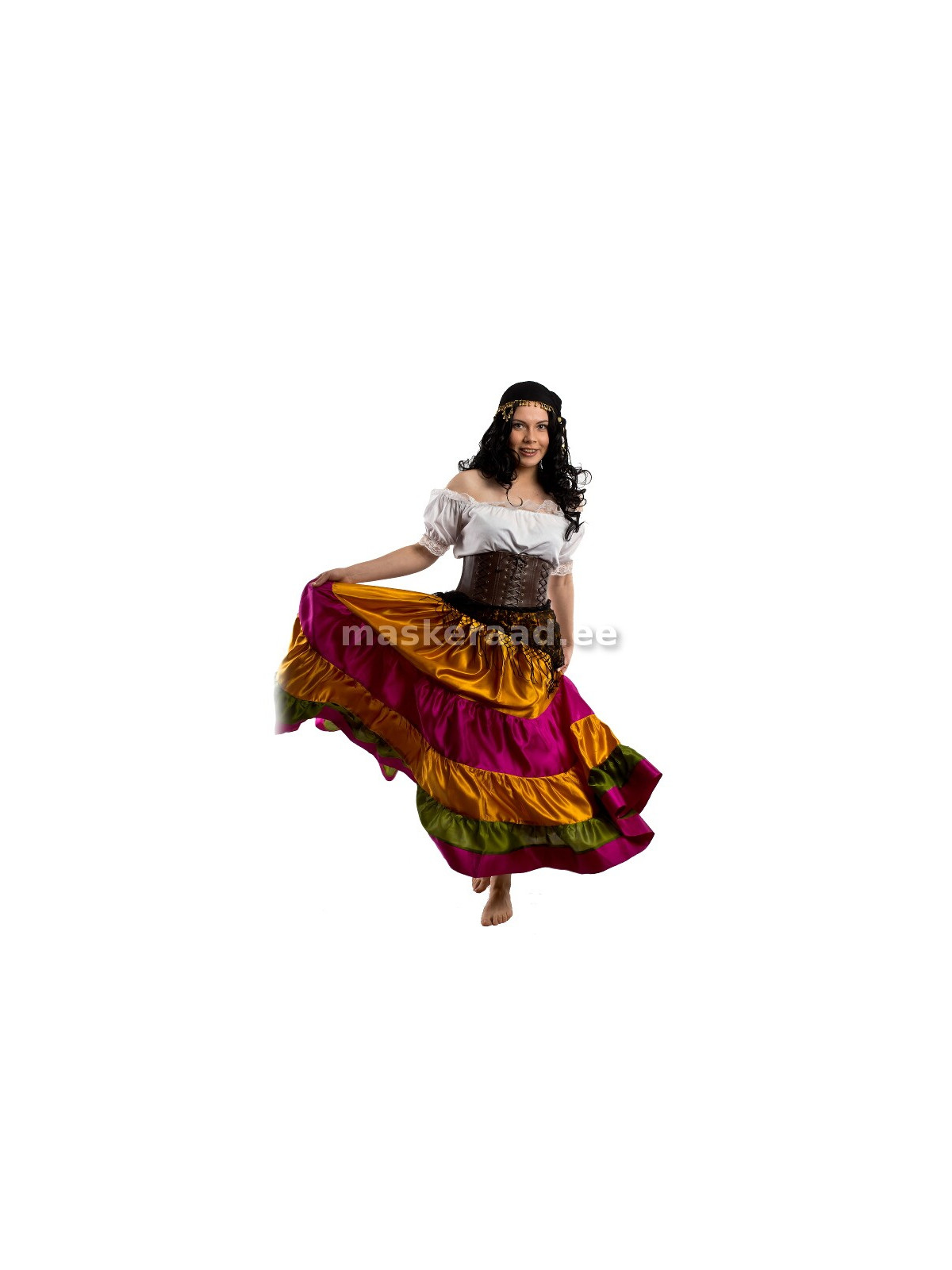 Mustlasneiu läikiv-kirevas seelikus