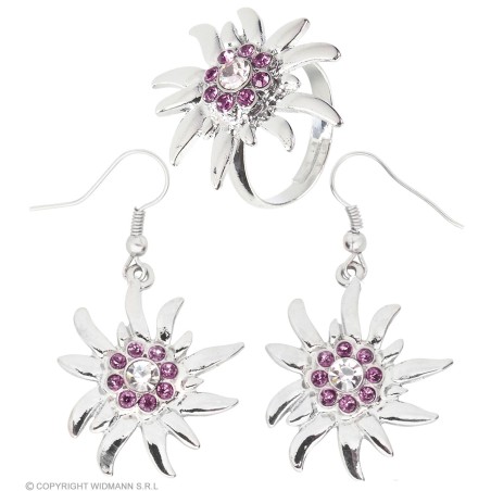 "EDELWEISS EARRINGS & RING WITH CLEAR & PINK STRASS"