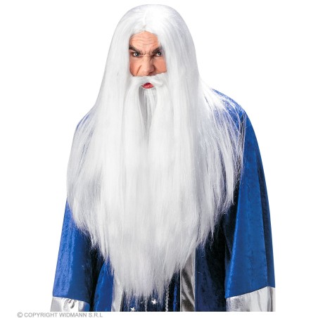 Võluri valge pikk habeme ja paruka komplekt