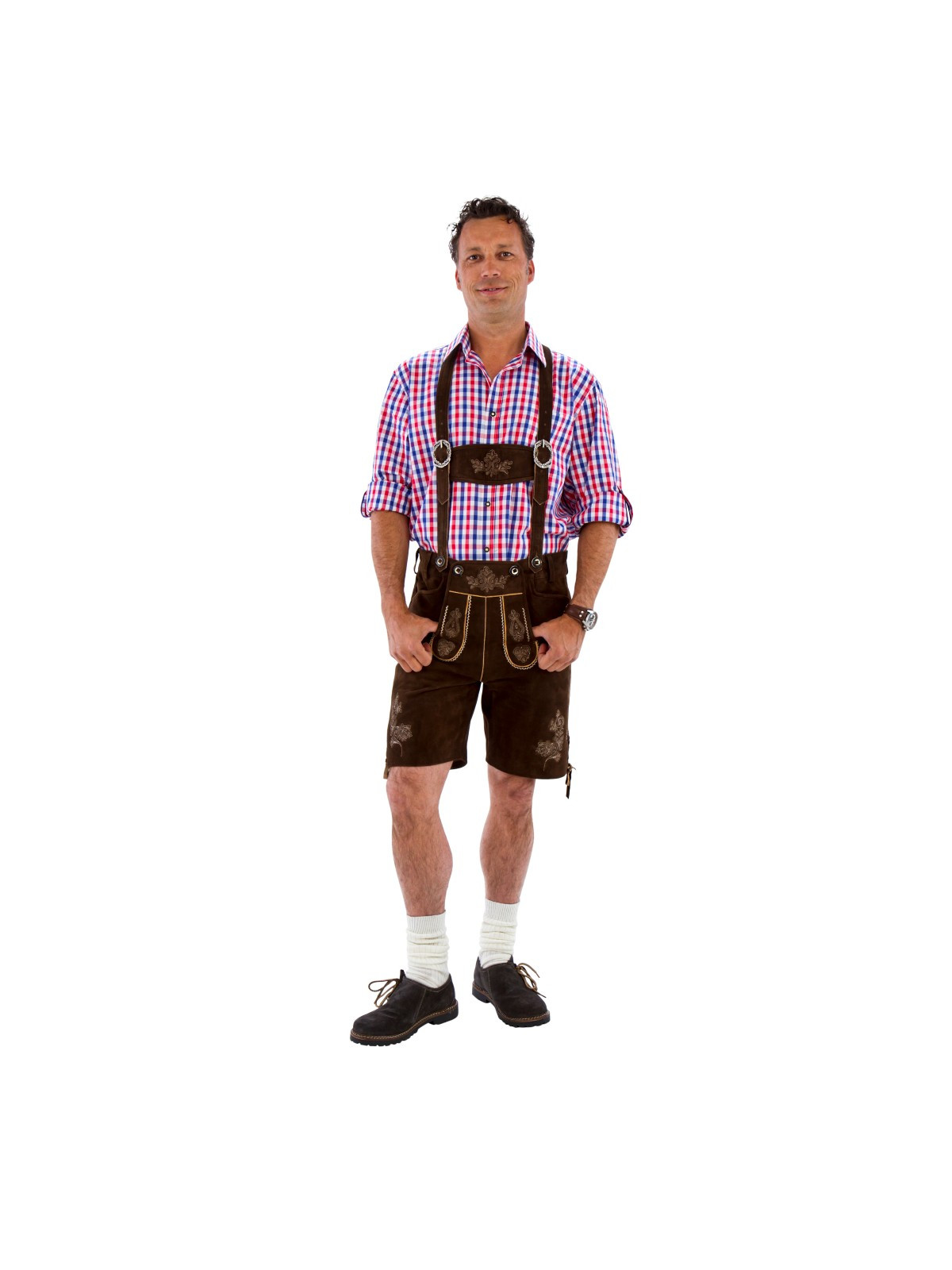 Nahksed Baieri lühikesed traksidega püksid