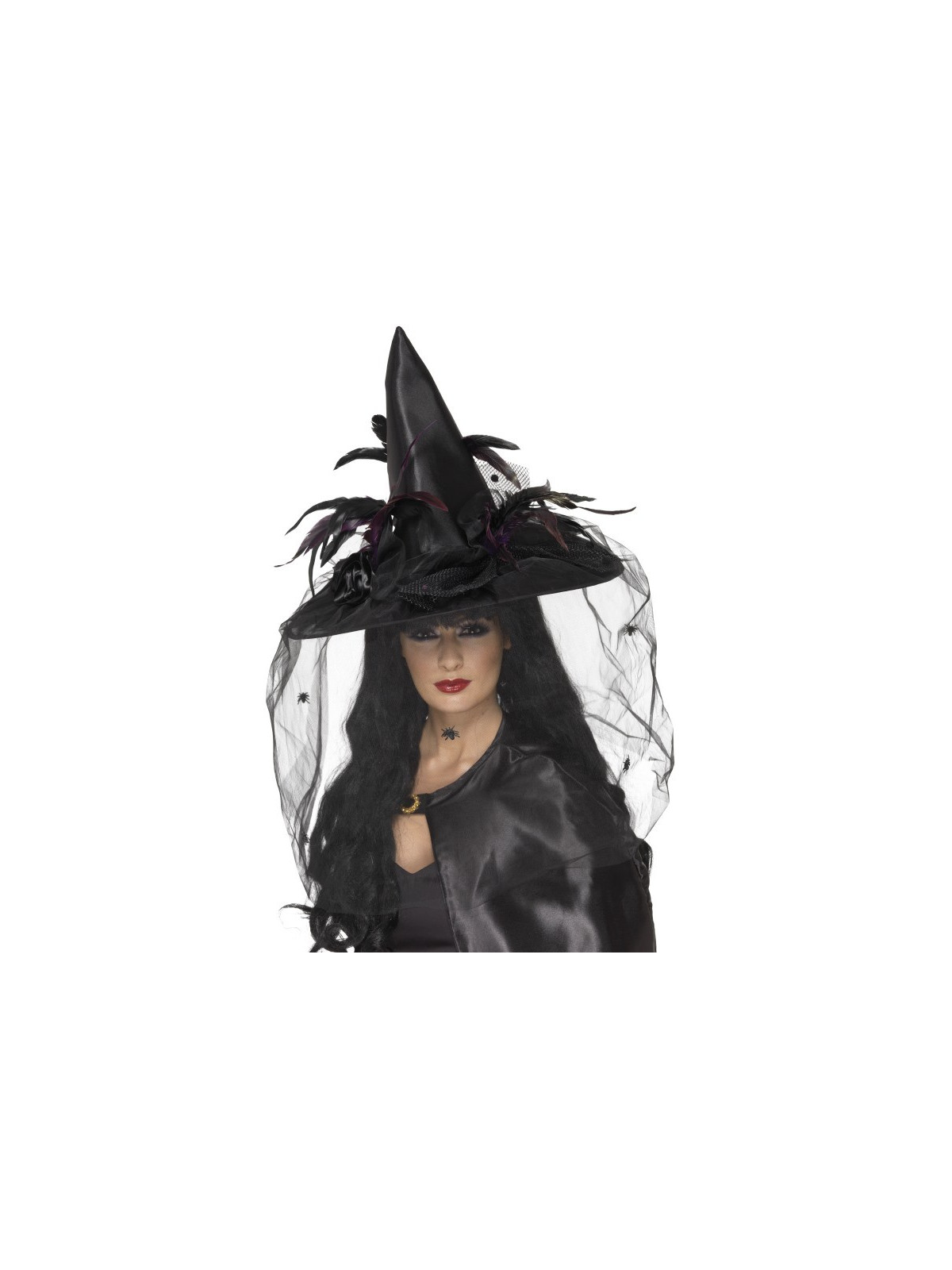 Witch Hat Feathers and Netting Black Deluxe