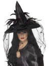Witch Hat Feathers and Netting Black Deluxe