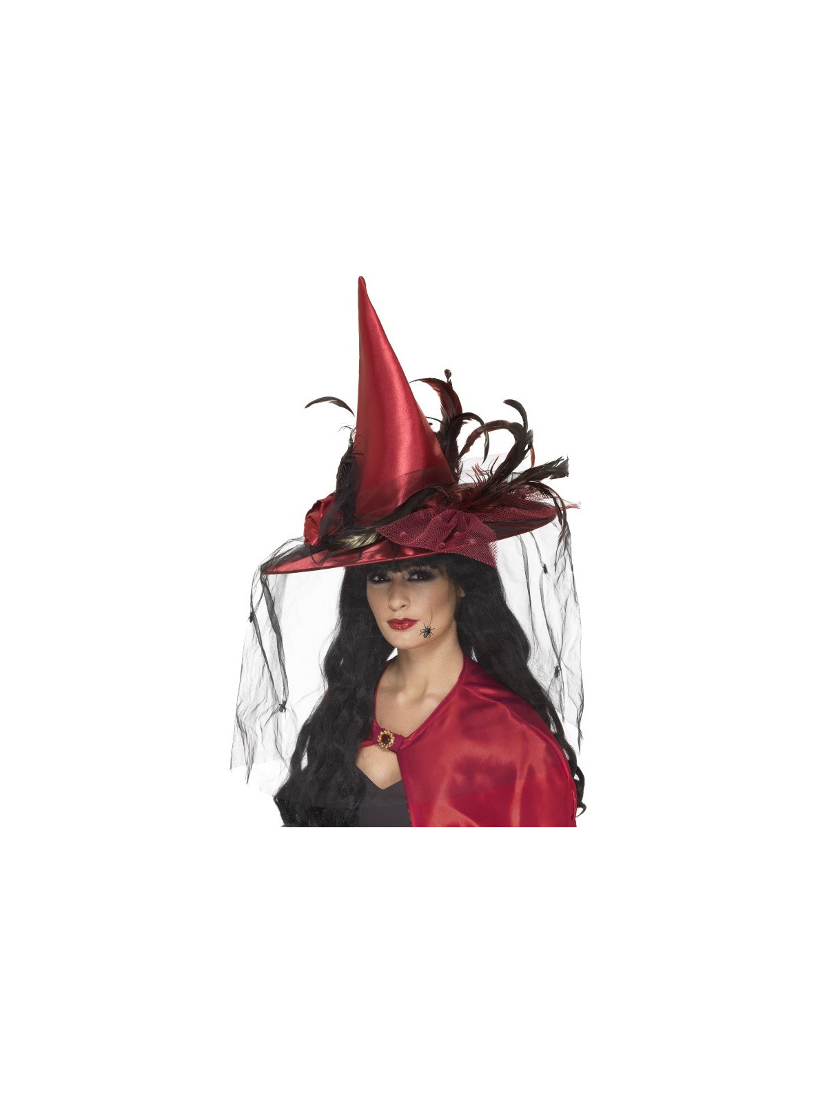 Witch Hat Deep Red with Net and Feathers Deluxe
