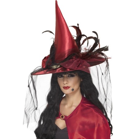 Witch Hat Deep Red with Net and Feathers Deluxe