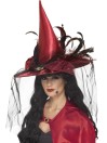 Witch Hat Deep Red with Net and Feathers Deluxe