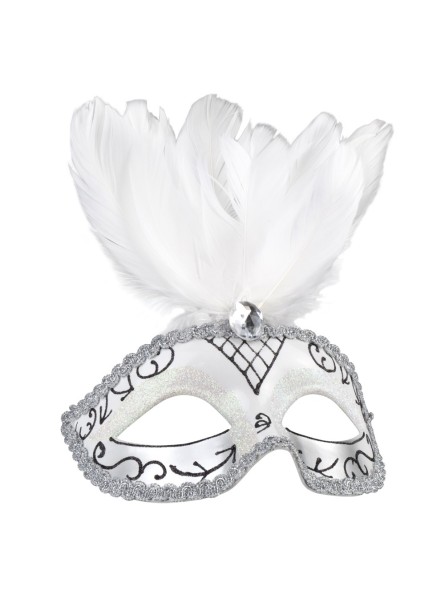 Pidulik valge sulgedega mask hõbedaga