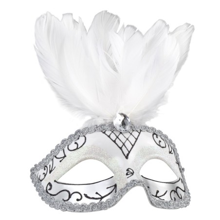 Pidulik valge sulgedega mask hõbedaga