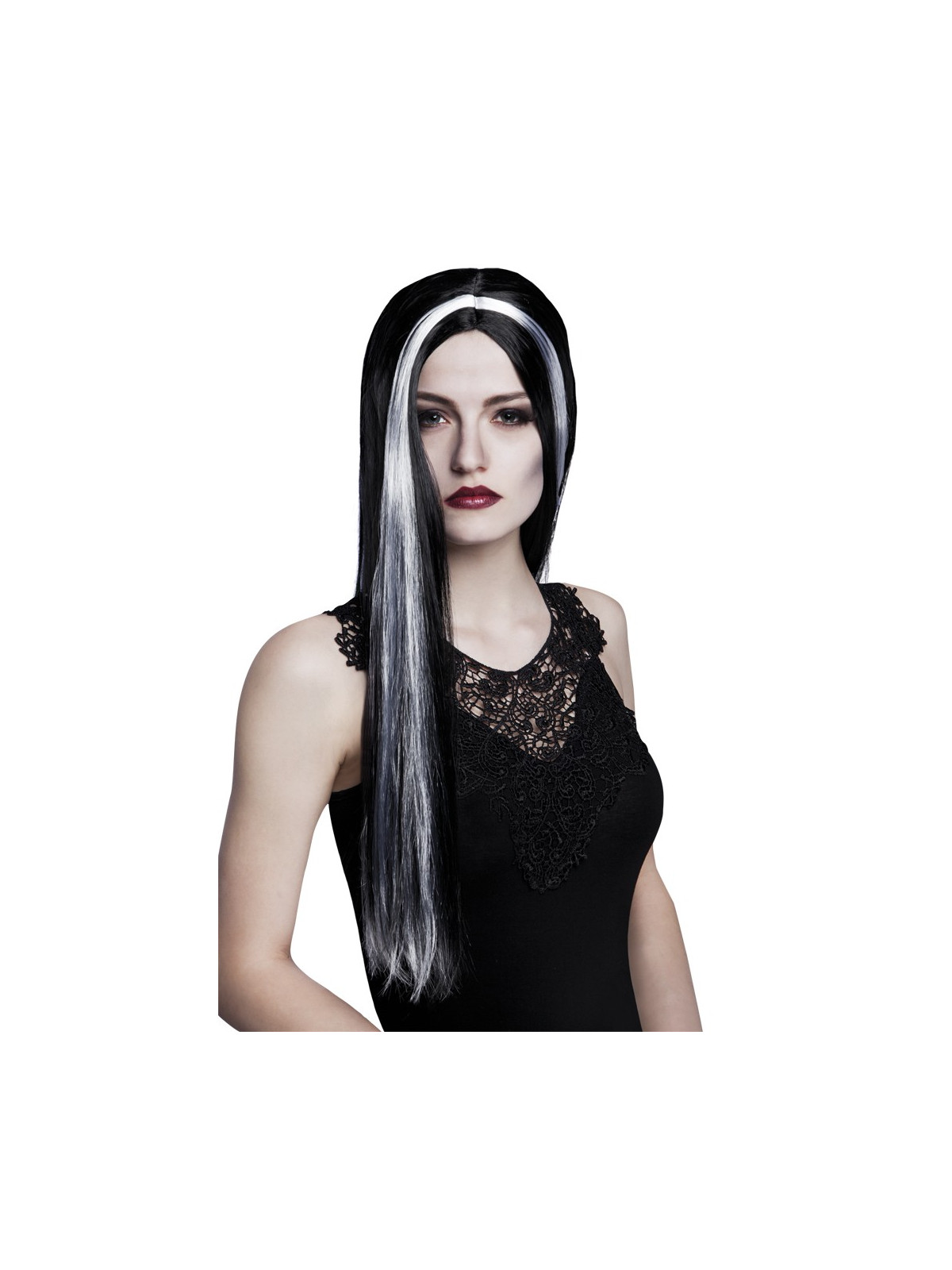 Nõia pikk must parukas hallide salkudega