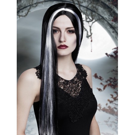 Nõia pikk must parukas hallide salkudega