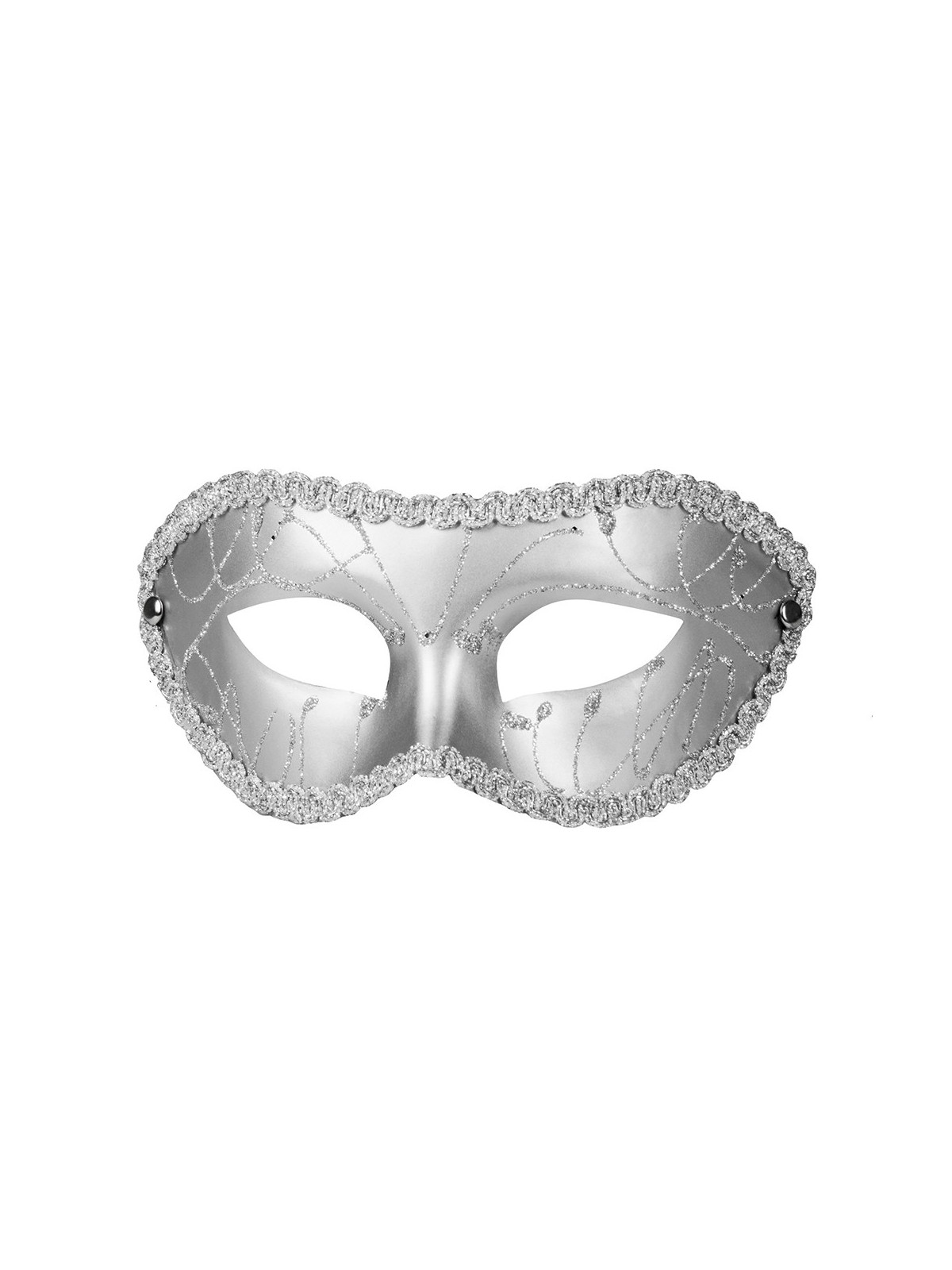 Pidulik hõbedane mask hõbedase kirja ja nöörkaunistusega
