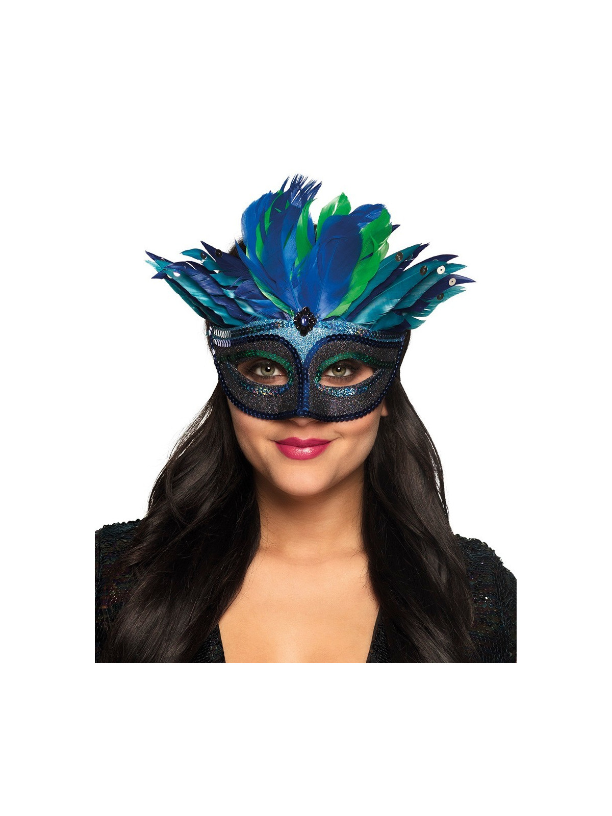 Siniste roheliste sulgedega mask