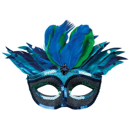 Siniste roheliste sulgedega mask